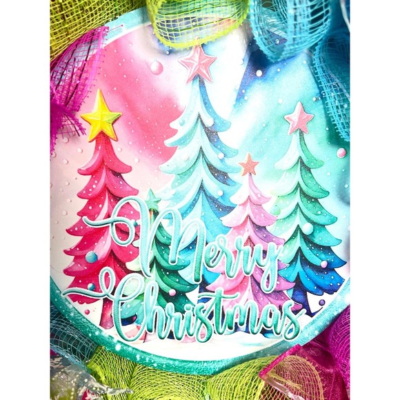 Handmade Bright Merry Christmas Holiday Ribbon Door Wreath 22 ins W52 Pink Blue - Picture 6 of 13